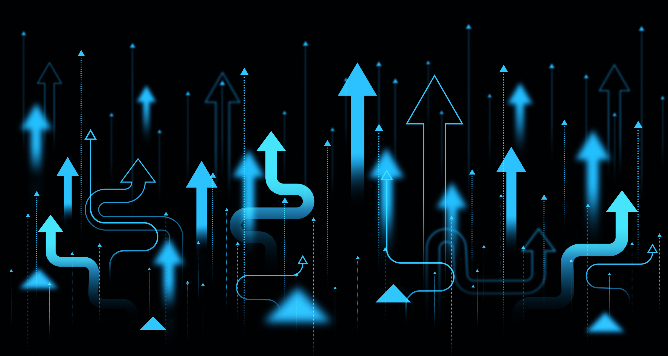Glowing blue arrows pointing upwards on a dark background. 3D Rendering